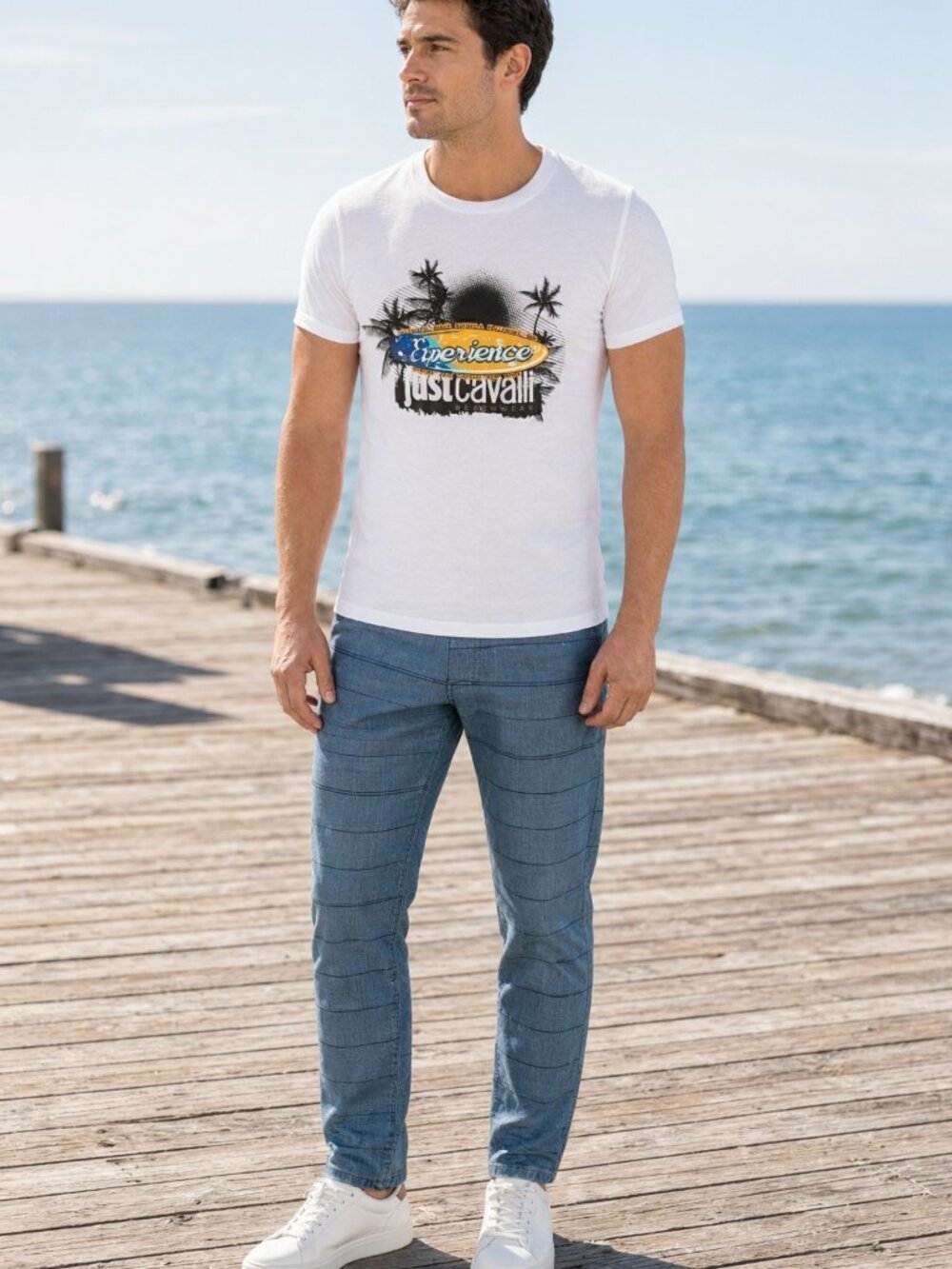 Just Cavalli Men White Fitted Palm Graphic Cotton Crew Tee Boardwalk Soft US XXS